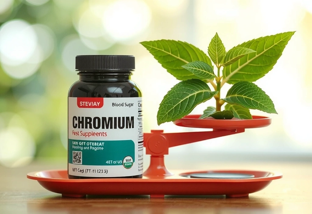 Suplementos de cromo con una balanza y una hoja de stevia