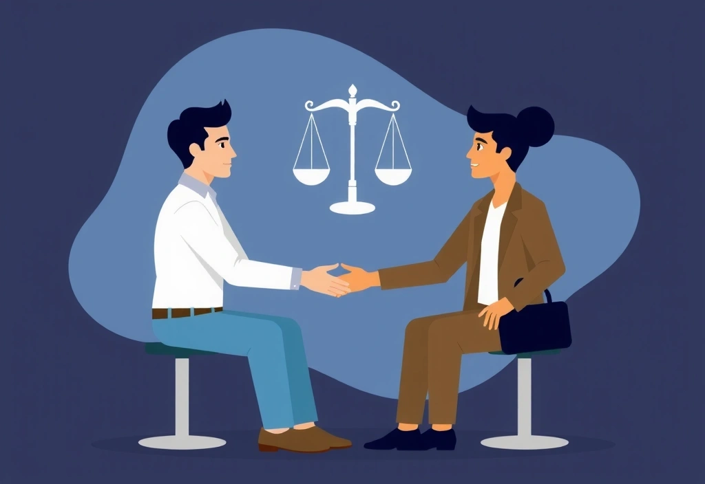 Ilustración de dos personas negociando un acuerdo, con un símbolo de balanza de justicia