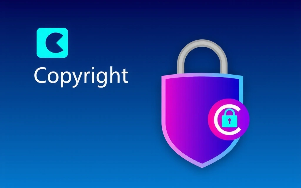 Ilustración de derechos de autor y propiedad intelectual, un escudo con un candado y símbolos de copyright